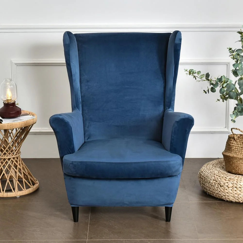 Navy Velvet Stretch Wingback Chair Sofa Slipcover with Elastic Bottom B514763