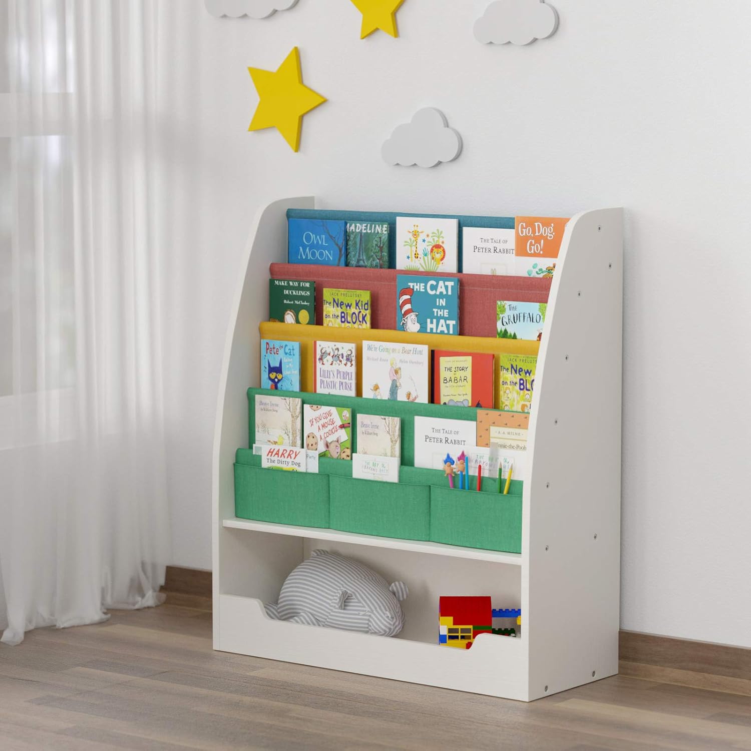 Wooden Kids Book Rack, 4 Tier Bookshelf, 1 Toy Storage Cabinet, Espresso/Black S738