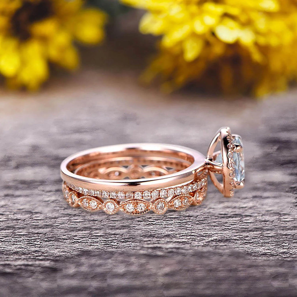 10k Rose Gold 2.25 Carat 6mm Round Cut Aquamarine Engagement Rings With Two Matching Wedding Band E999765