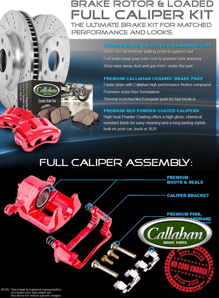Red Coated Calipers Drilled Slotted Rotors Ceramic Pads Brake Kit Y1928