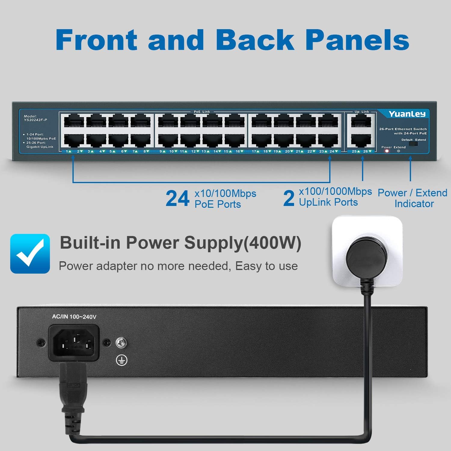 26 Port PoE Switch, 24 PoE+ Port 100Mbps, 2 Uplink Gigabit, 400W Rackmount Unmanaged Switch V8271