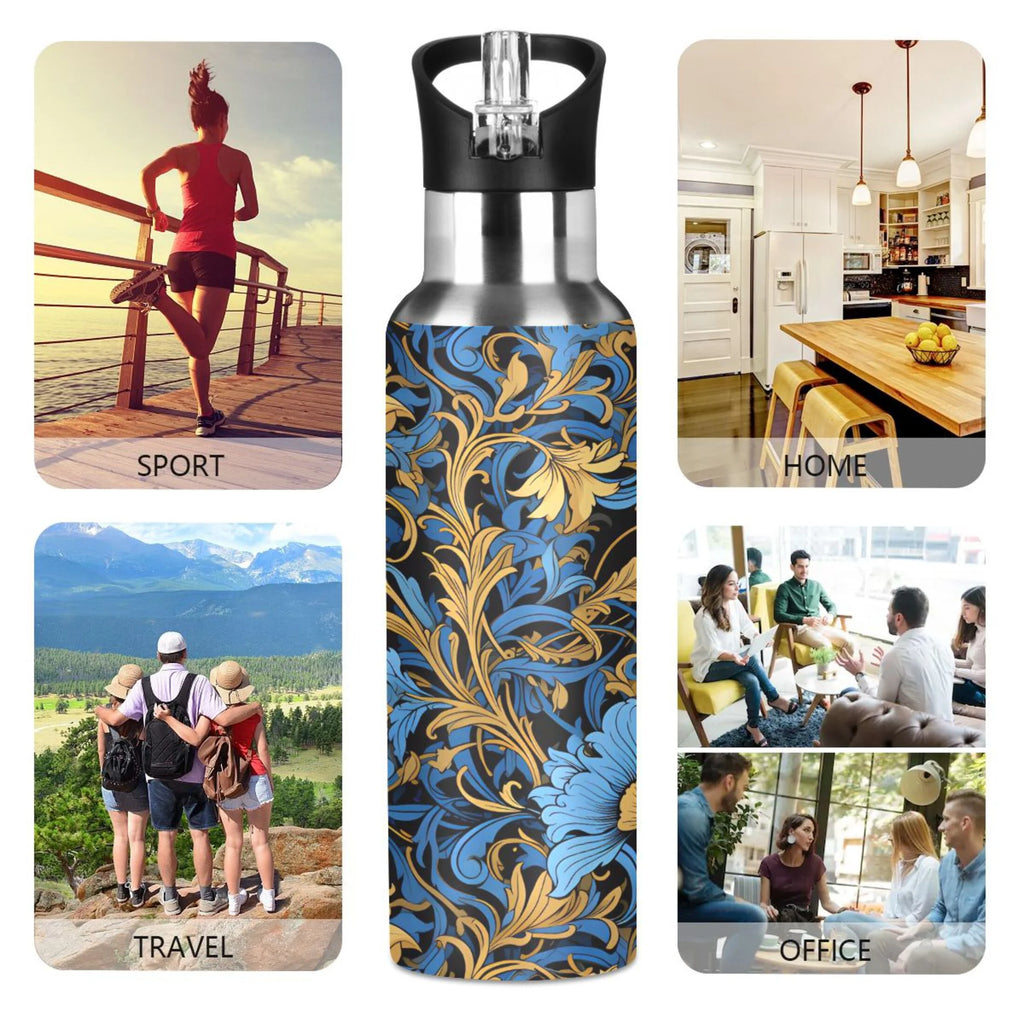 Blue Flowers Stainless Steel Insulated Water Bottle with Straw Lid K11494