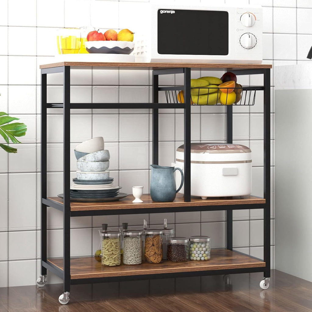 Rustic Brown Rolling Kitchen Baker's Rack Utility Storage Shelf Cart Microwave Stand Z205