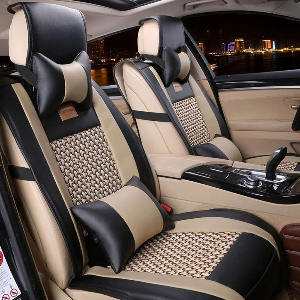 Black White Waterproof Leather Car Seat Cover Full Set for 5 Seats U442