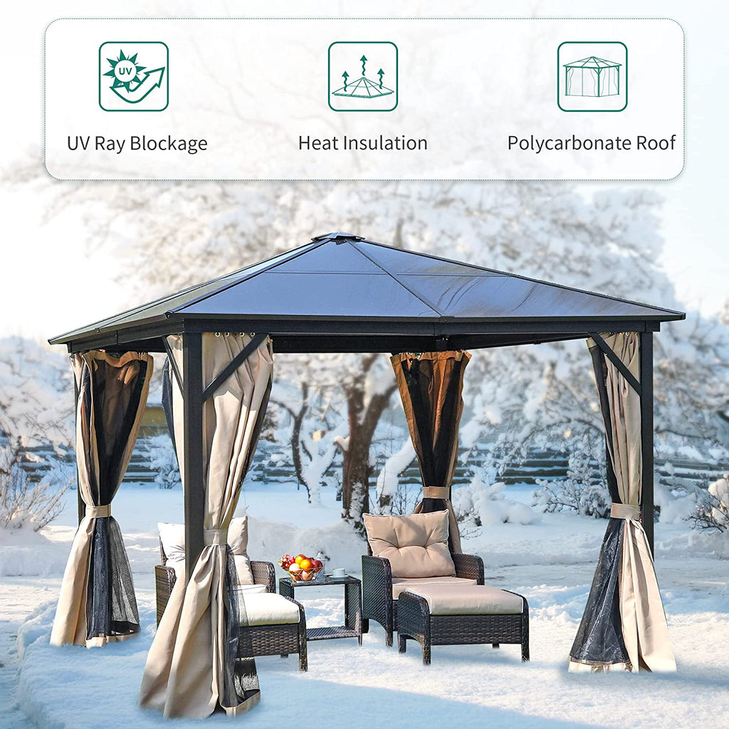 10x12 ft Hardtop Gazebo with Netting and Shaded Curtains, Aluminum Frame Polycarbonate V30078