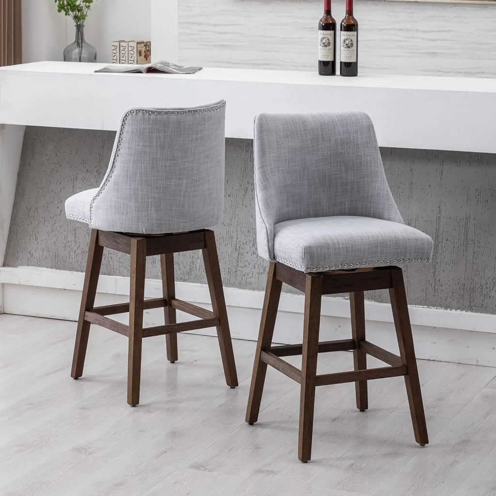 27 inch Swivel Barstools with Wood Legs Linen Fabric Upholstered Grey A174