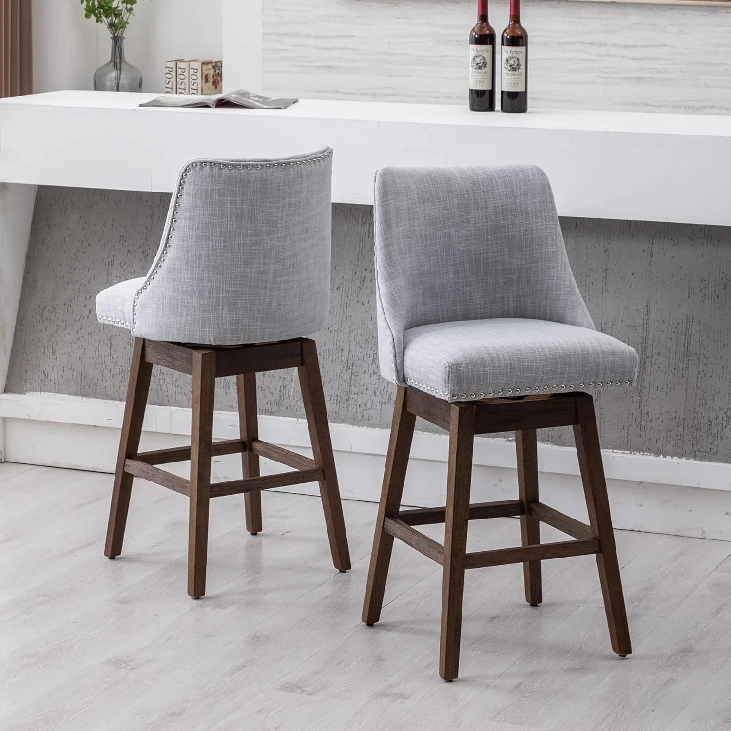 27 inch Swivel Barstools with Wood Legs Linen Fabric Upholstered Grey A174