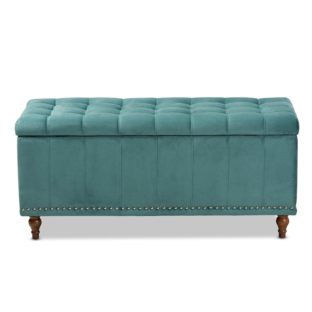 Teal Blue Velvet Button-Tufted Storage Ottoman Bench U5758