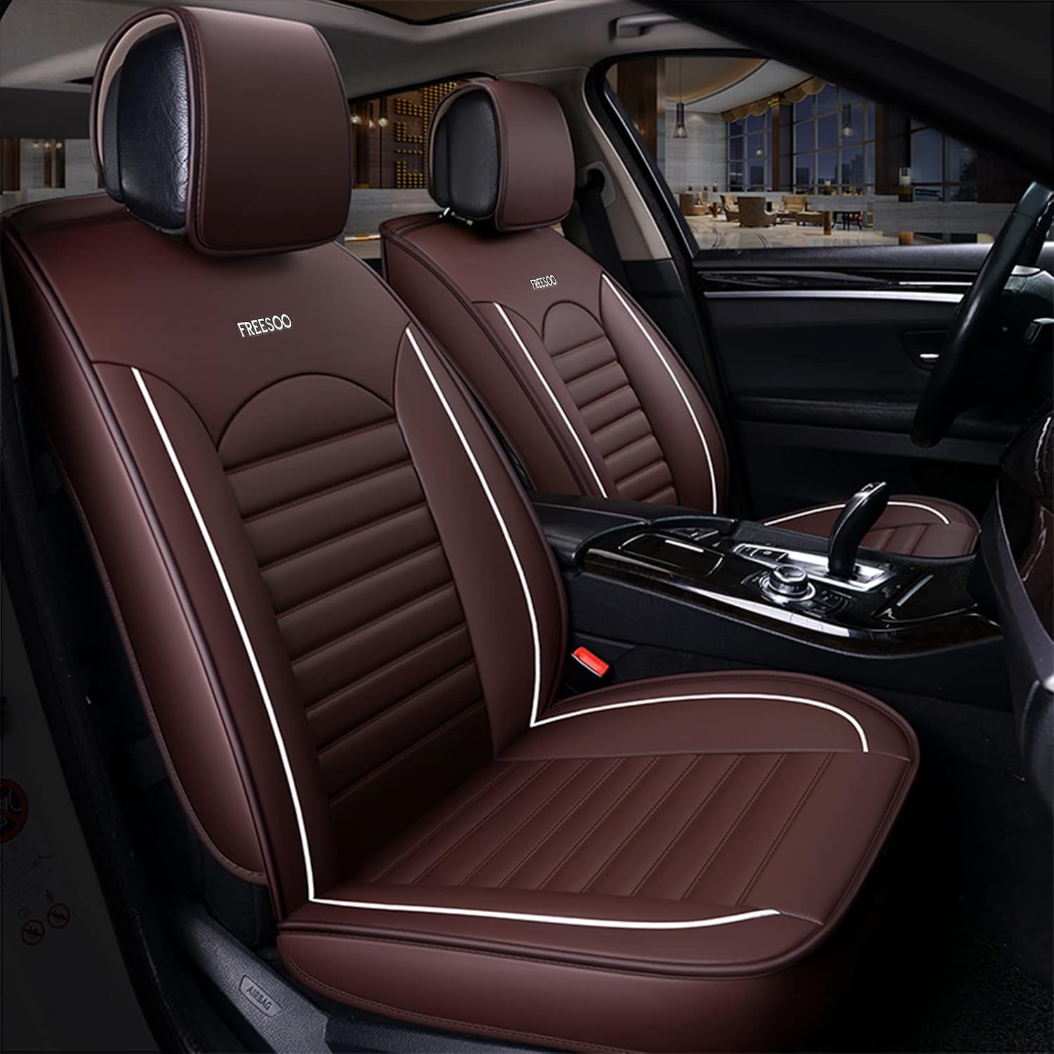 Black White Waterproof Leather Car Seat Cover Full Set for 5 Seats U442