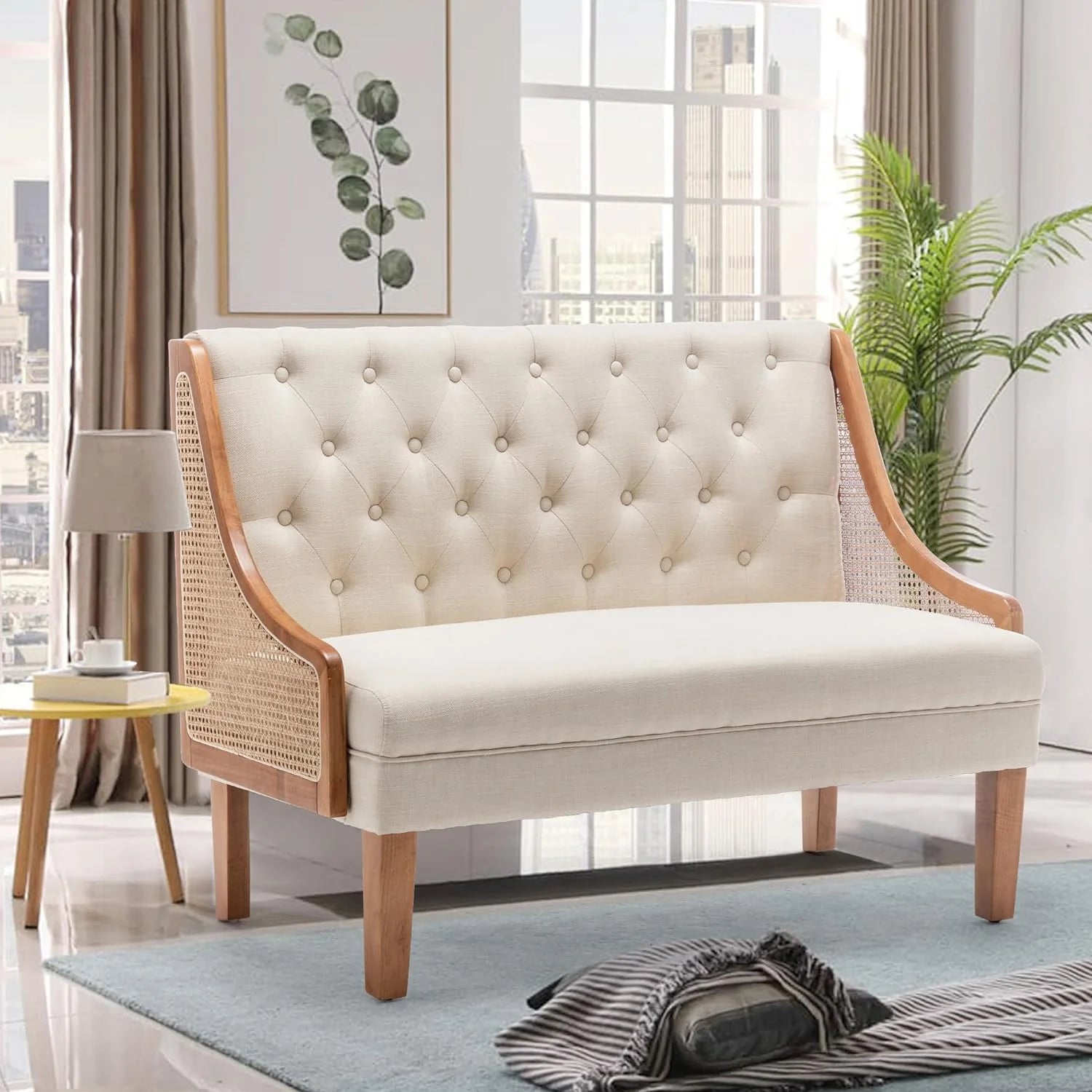 Linen Button Tufted Settee Loveseat Sofa Dining Bench with Back H60344