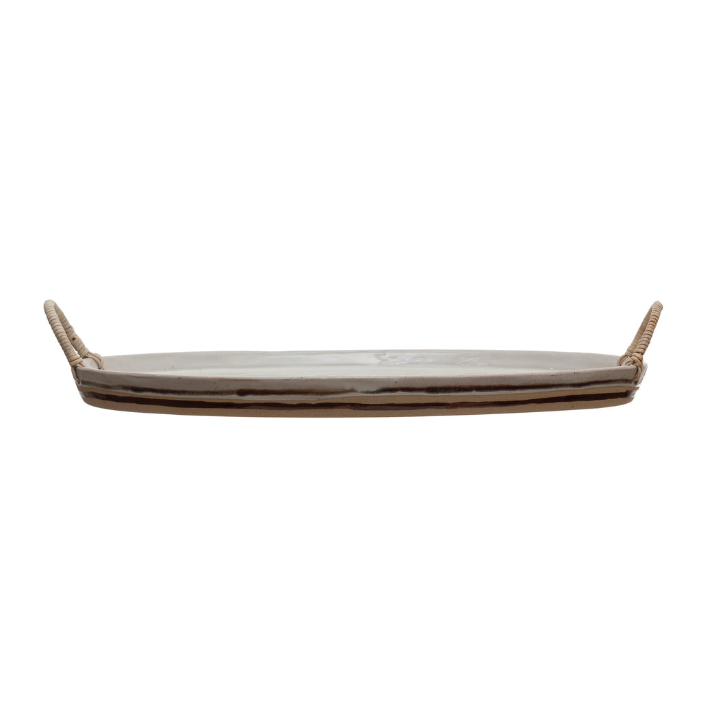 Stoneware Platter with Rattan Wrapped Handles, Reactive Glaze, White & Brown G257170