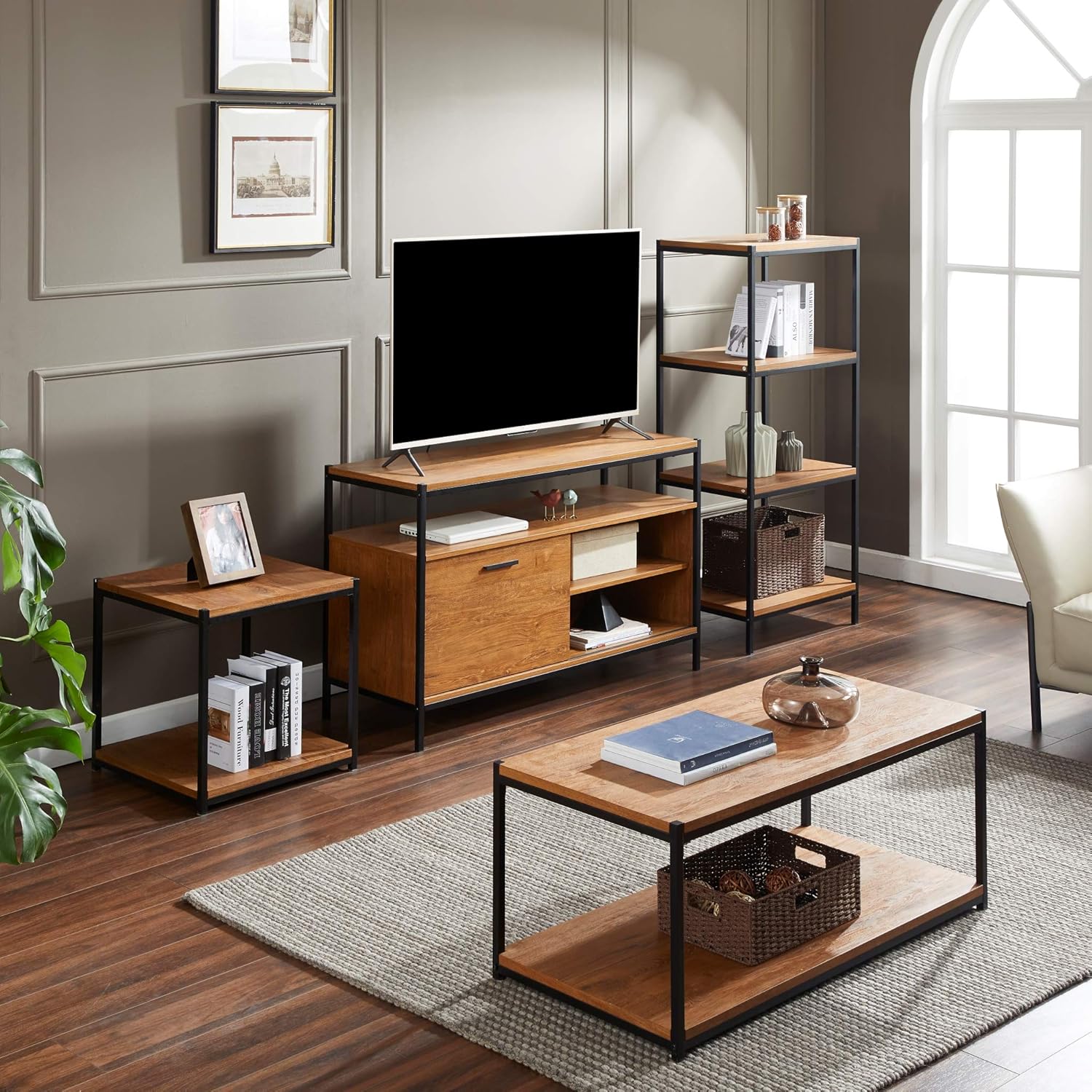 Oak Brown 48 Sliding Barn Door TV Media Stand with Storage Shelves C373807