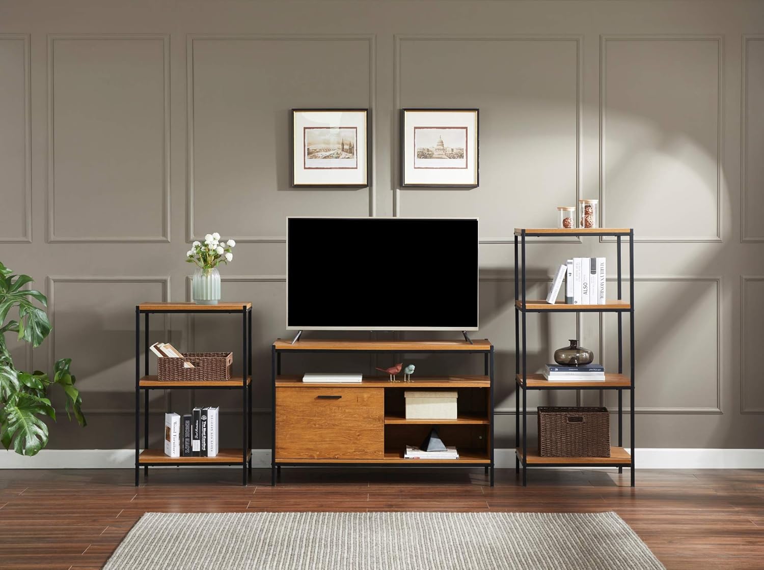 Oak Brown 48 Sliding Barn Door TV Media Stand with Storage Shelves C373807
