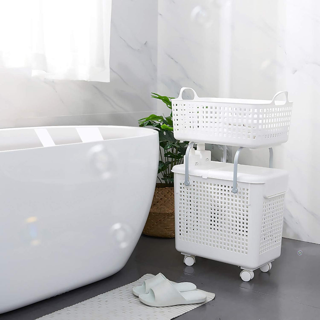 White 2-in-1 Laundry Hamper and Basket Set with Lid and Wheels J36555