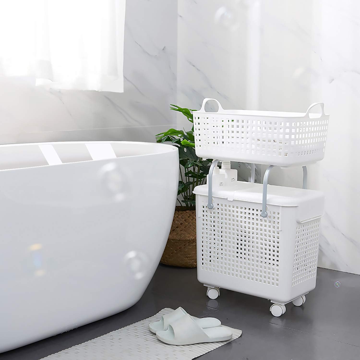 White 2-in-1 Laundry Hamper and Basket Set with Lid and Wheels J36555