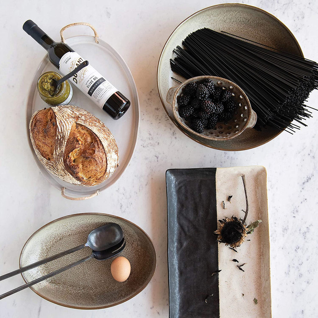 Stoneware Platter with Rattan Wrapped Handles, Reactive Glaze, White & Brown G257170