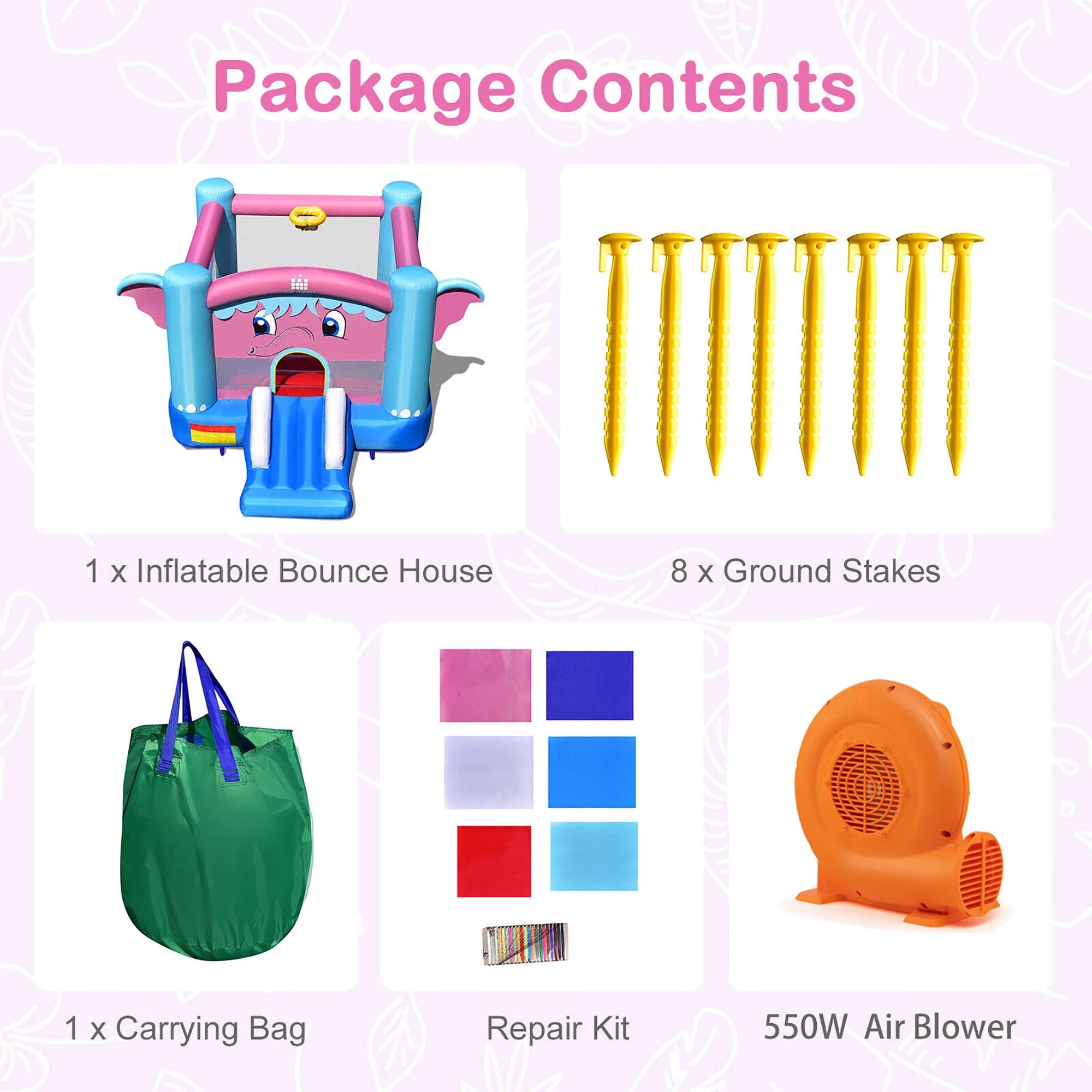 Inflatable Bounce House 3-in-1 Elephant Theme Castle with 550W Blower N3704