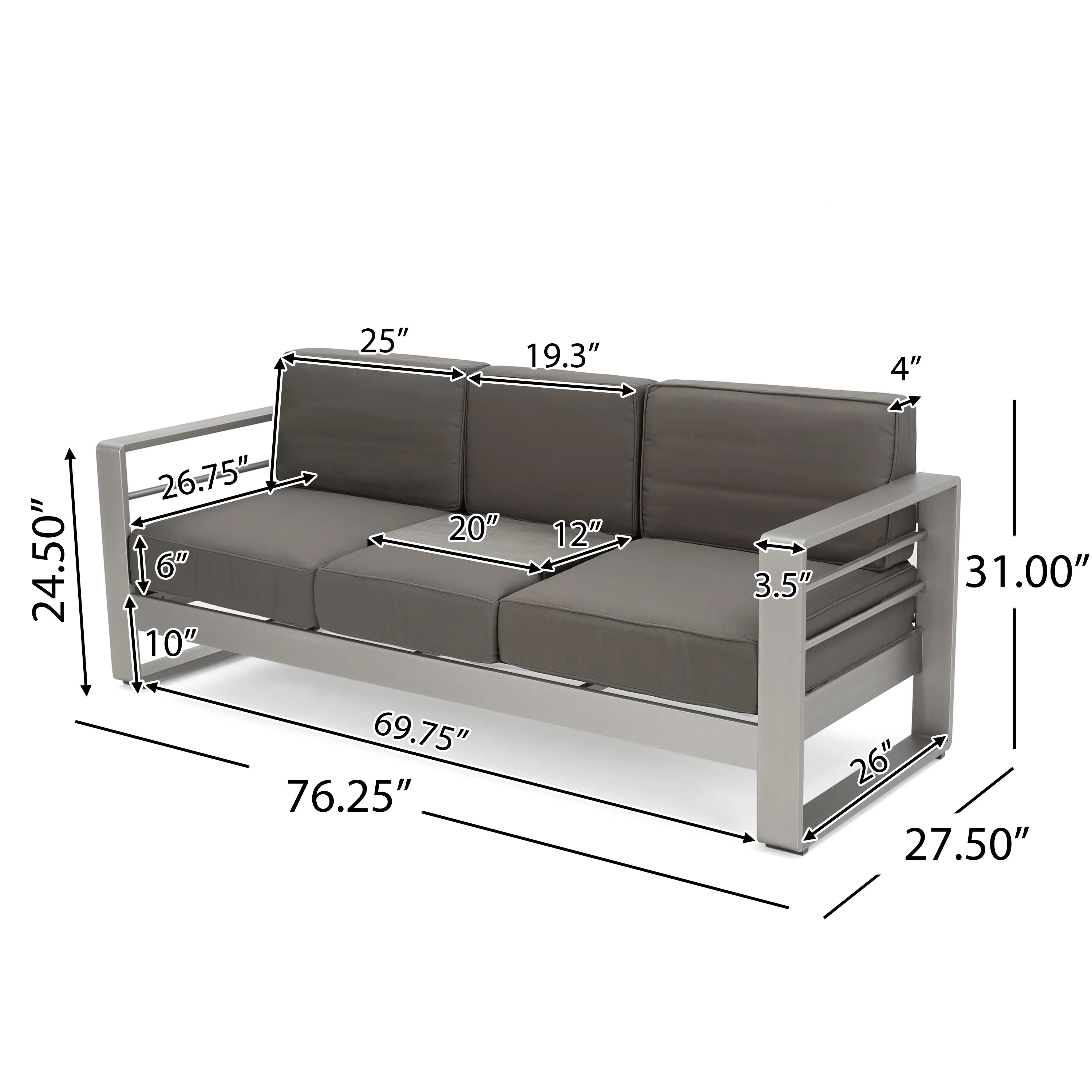 6 Seater Aluminum Sofa and Ottoman Set with Side Tables, Silver and Khaki V145068