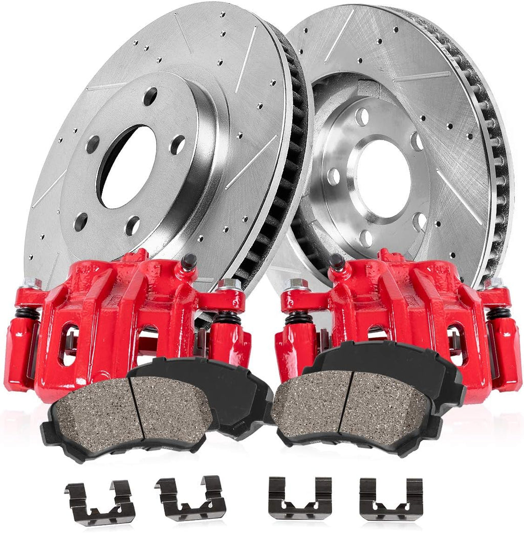 Red Coated Calipers Drilled Slotted Rotors Ceramic Pads Brake Kit Y1928