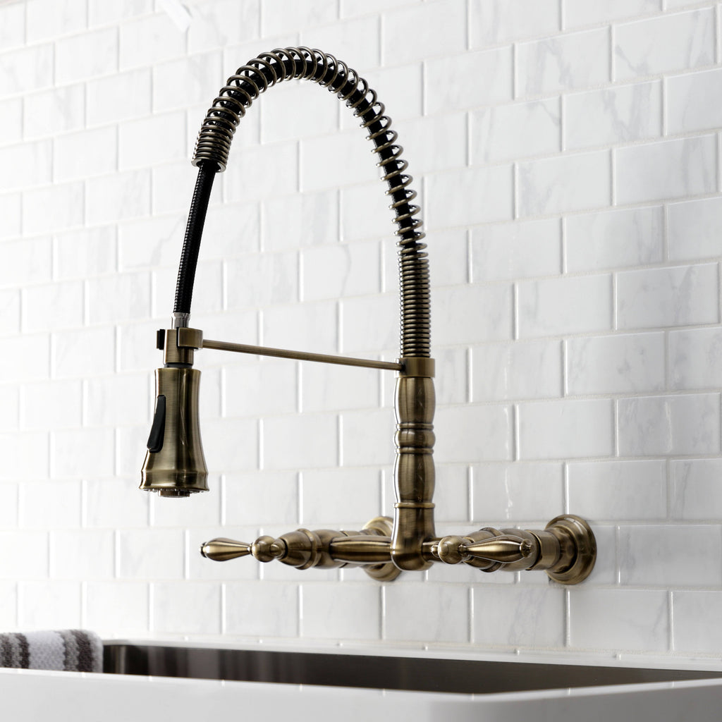 Antique Brass Wall-Mount Pull-Down Sprayer Kitchen Faucet C365