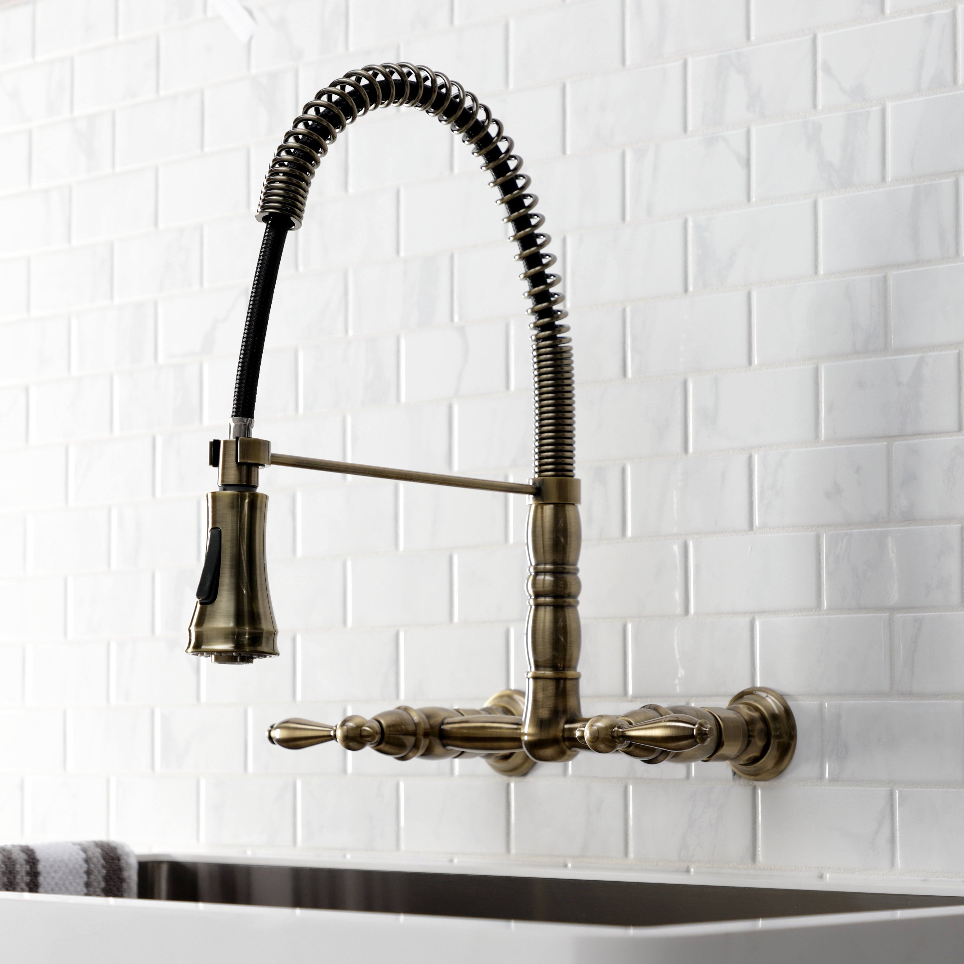 Antique Brass Wall-Mount Pull-Down Sprayer Kitchen Faucet C365