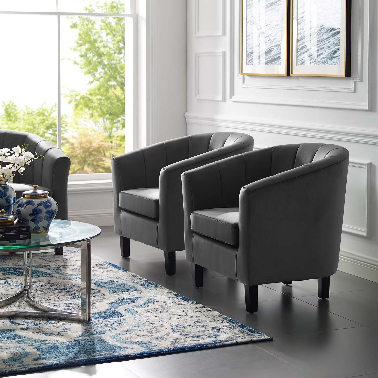 Channel Tufted Performance Velvet Armchair Set of 2 in Gray E77784