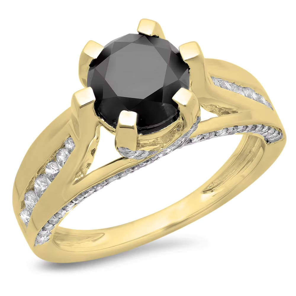 14K Yellow Gold Black & White Diamond Solitaire Engagement Ring Y832