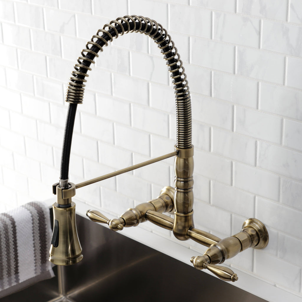 Antique Brass Wall-Mount Pull-Down Sprayer Kitchen Faucet C365