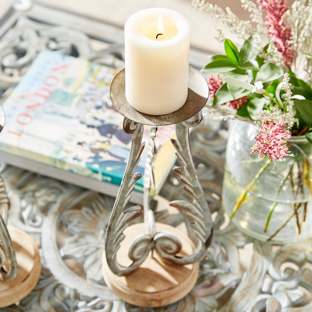 Distressed Silver Metal and Wood Set of 3 Candle Holders A63741