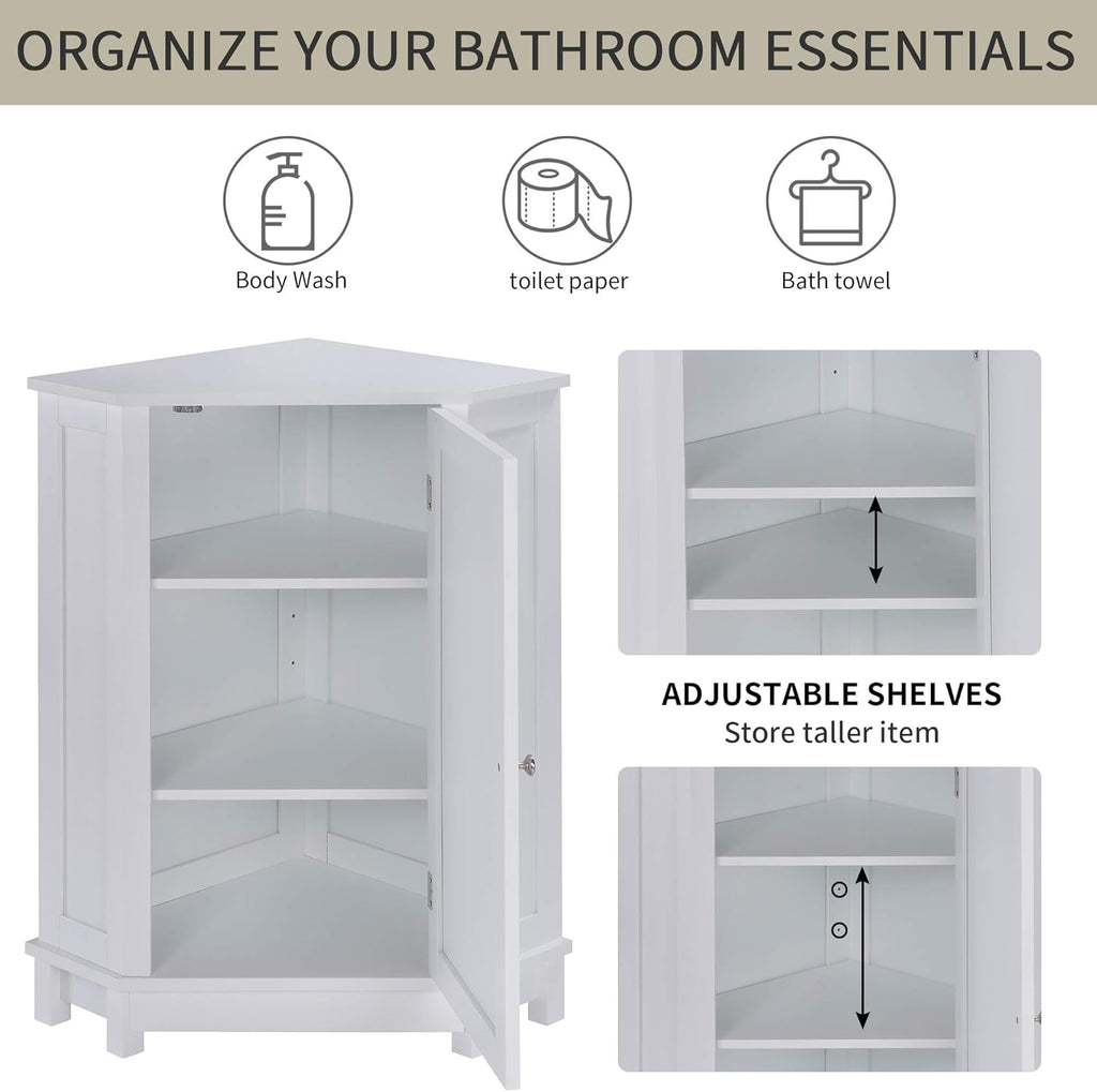 White Corner Cabinet Bathroom Floor Storage with Adjustable Shelves W308