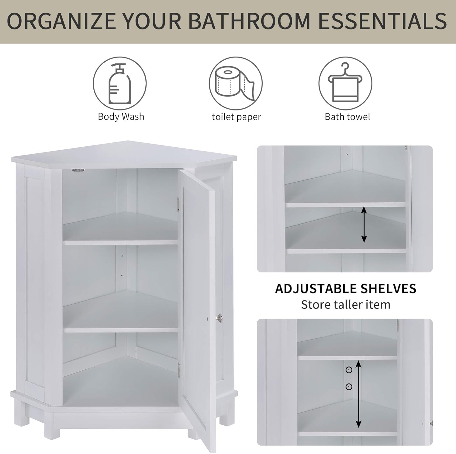 White Corner Cabinet Bathroom Floor Storage with Adjustable Shelves W308