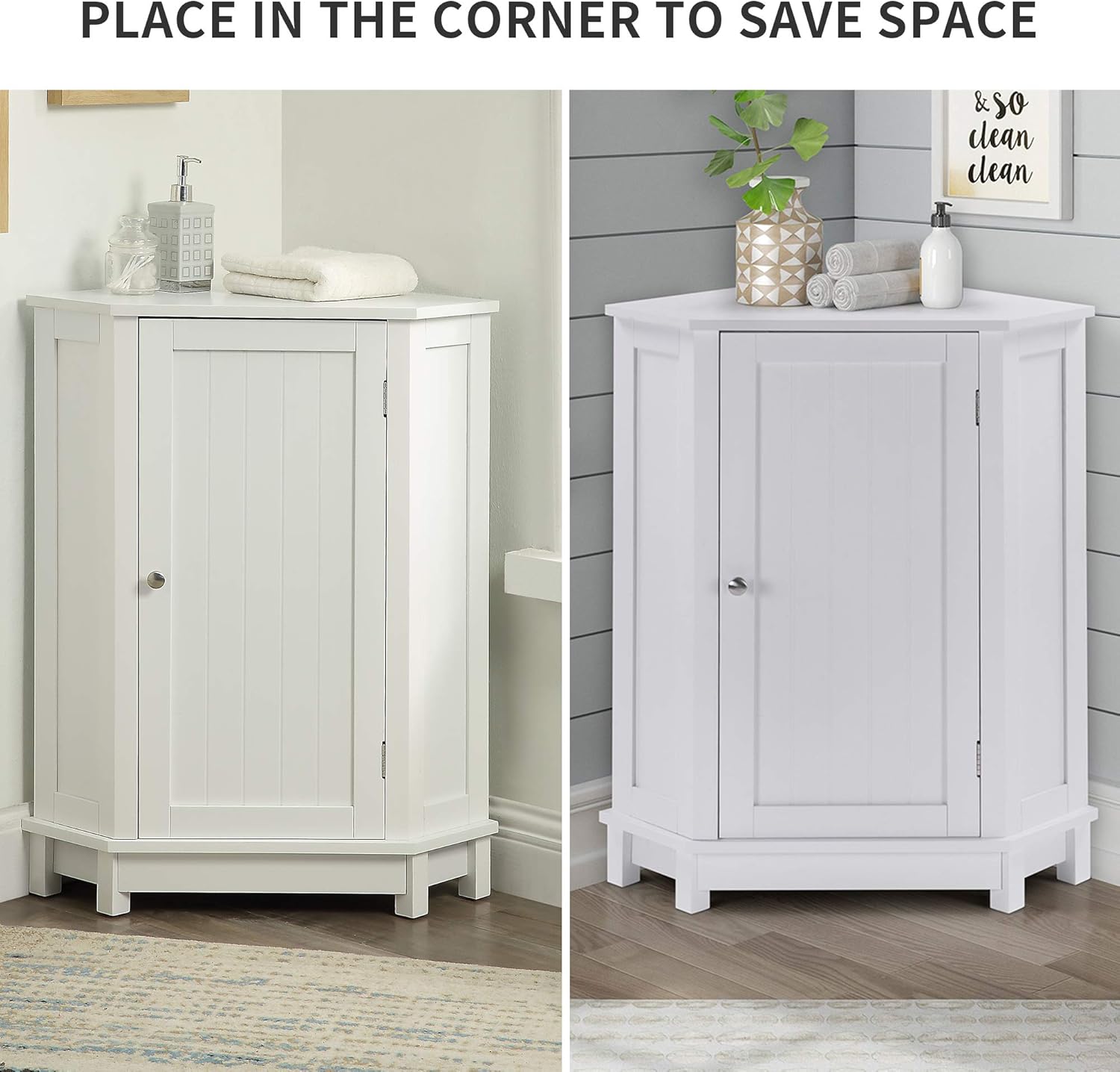 White Corner Cabinet Bathroom Floor Storage with Adjustable Shelves W308