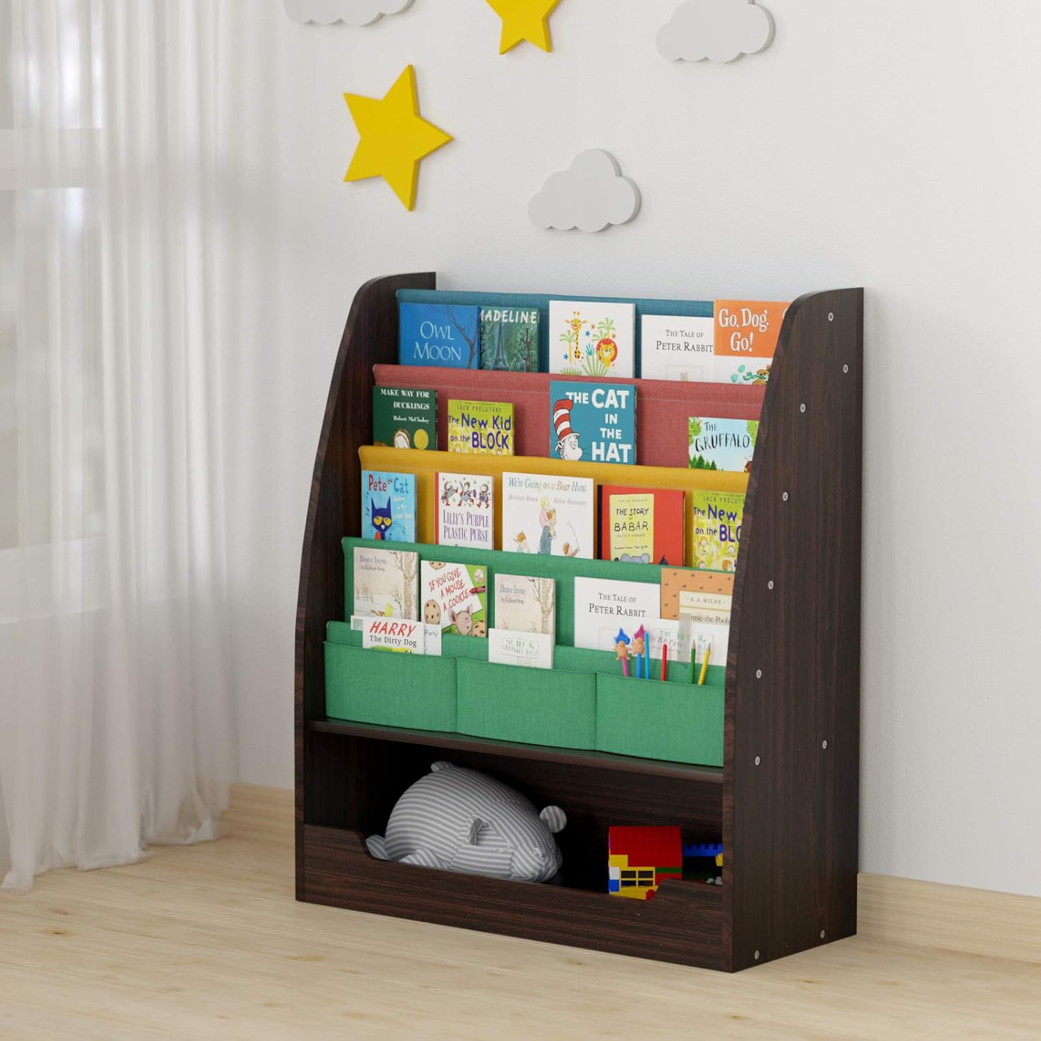 Wooden Kids Book Rack, 4 Tier Bookshelf, 1 Toy Storage Cabinet, Espresso/Black S738