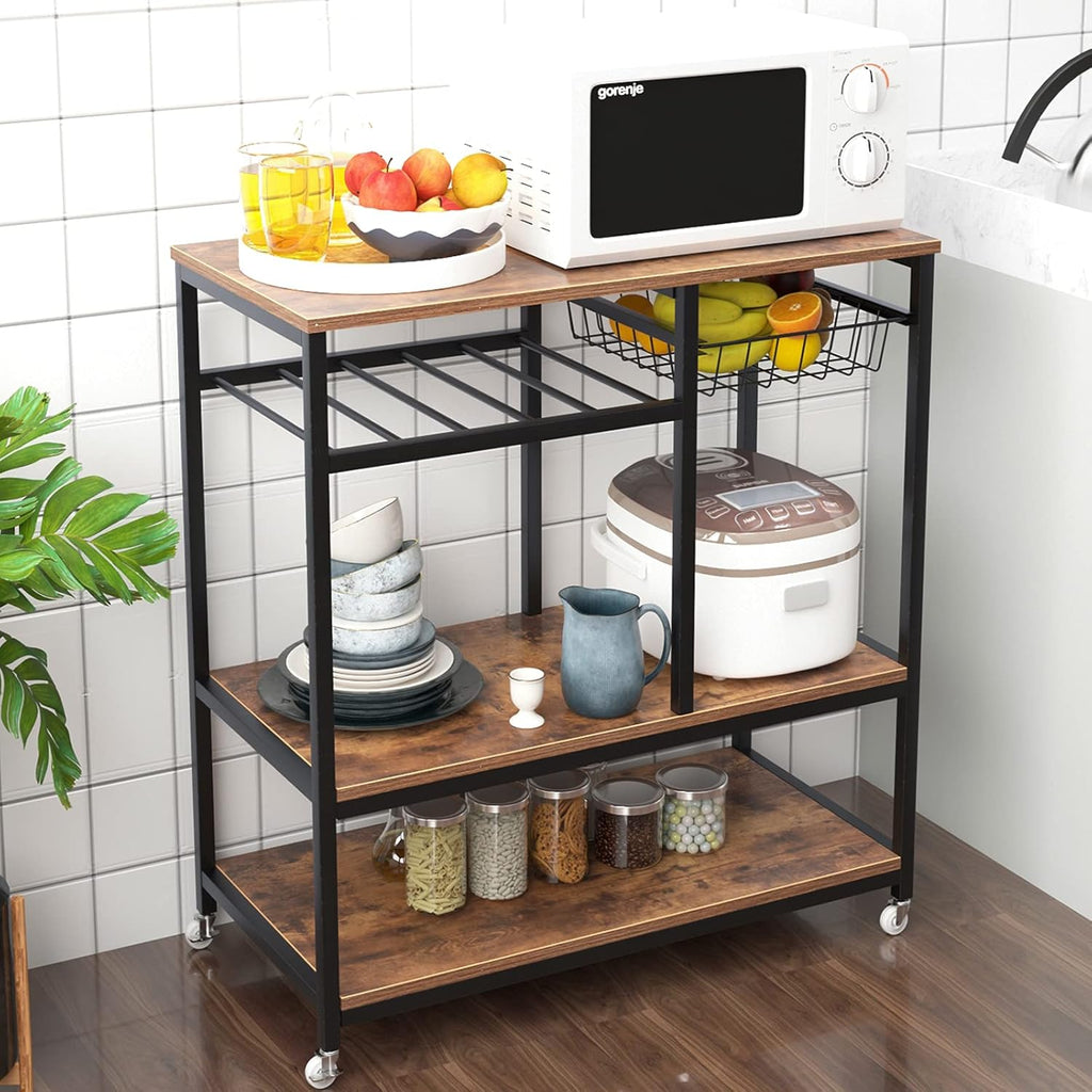 Rustic Brown Rolling Kitchen Baker's Rack Utility Storage Shelf Cart Microwave Stand Z205