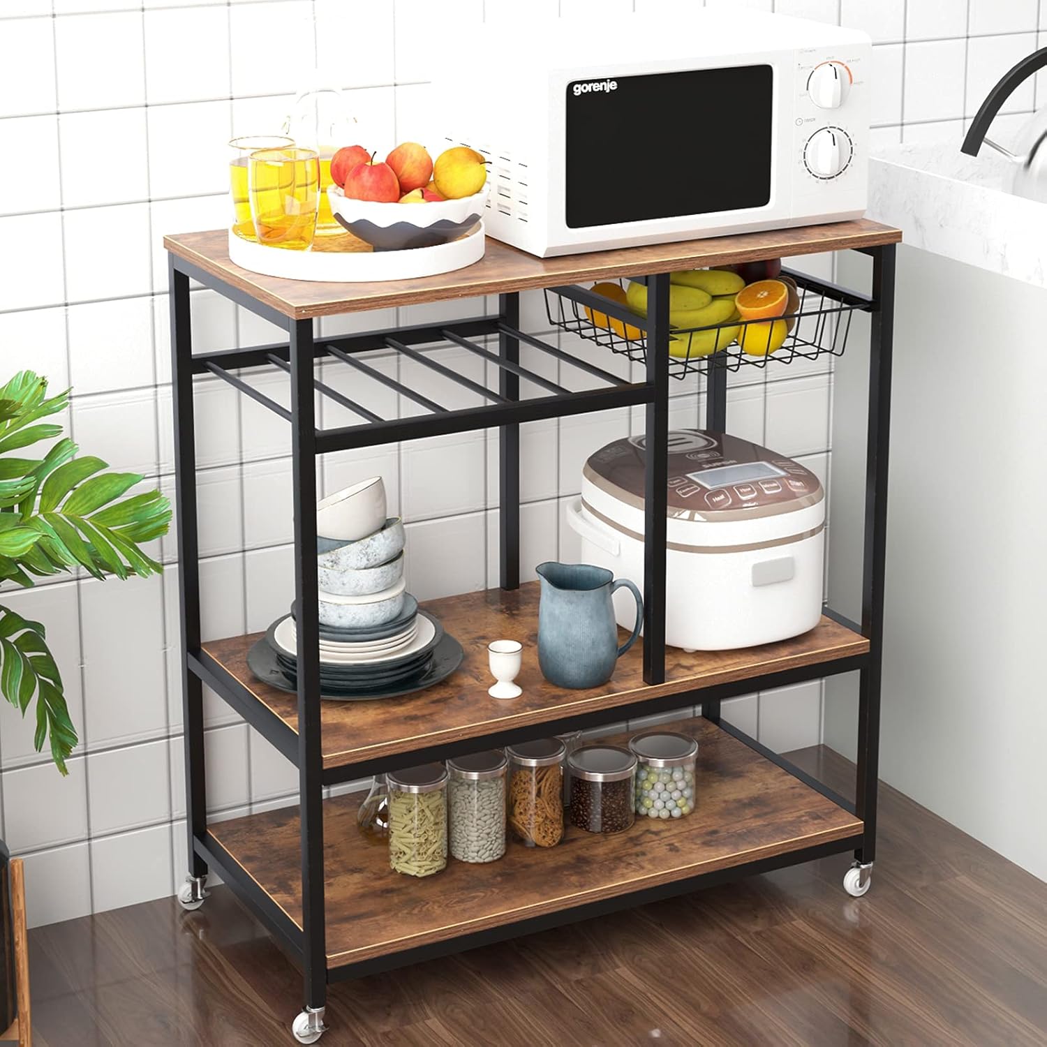 Rustic Brown Rolling Kitchen Baker's Rack Utility Storage Shelf Cart Microwave Stand Z205