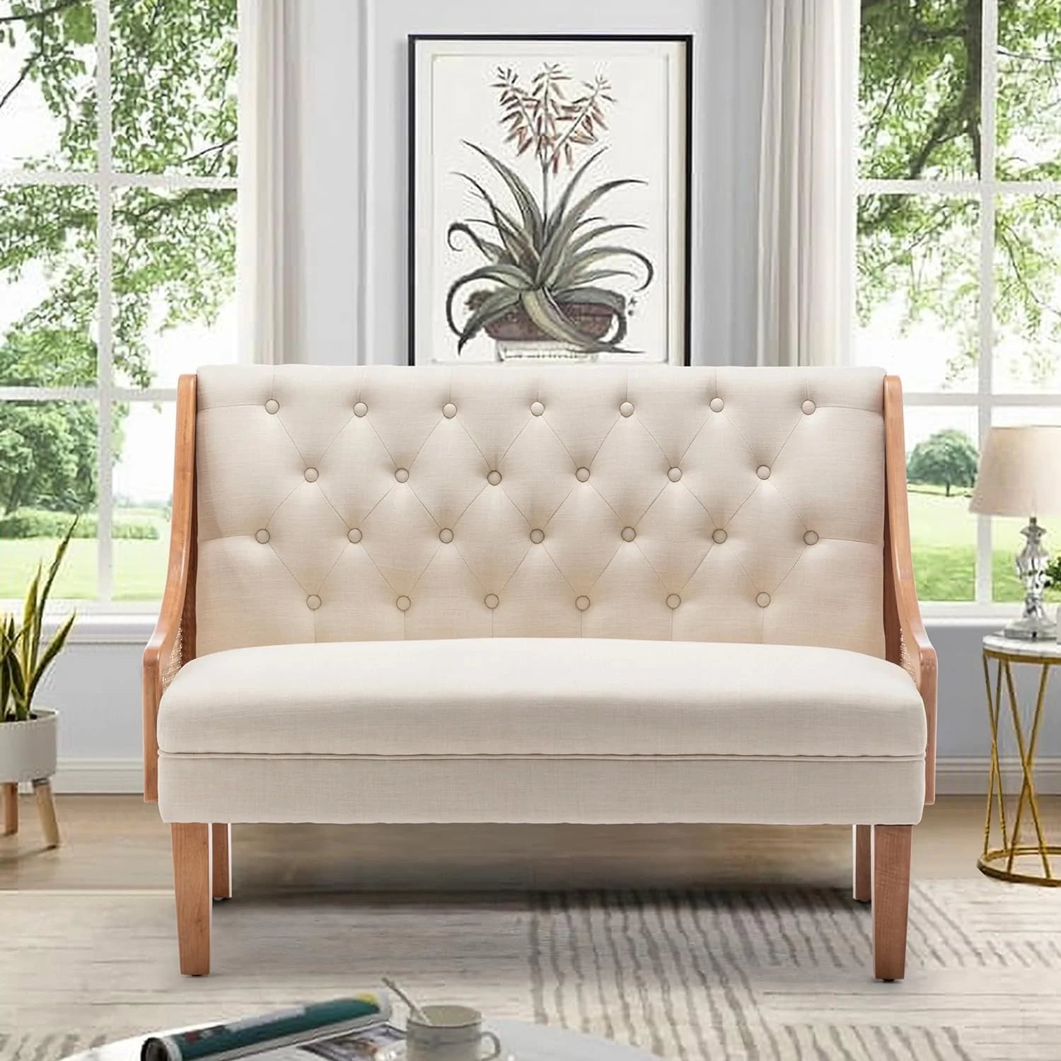 Linen Button Tufted Settee Loveseat Sofa Dining Bench with Back H60344