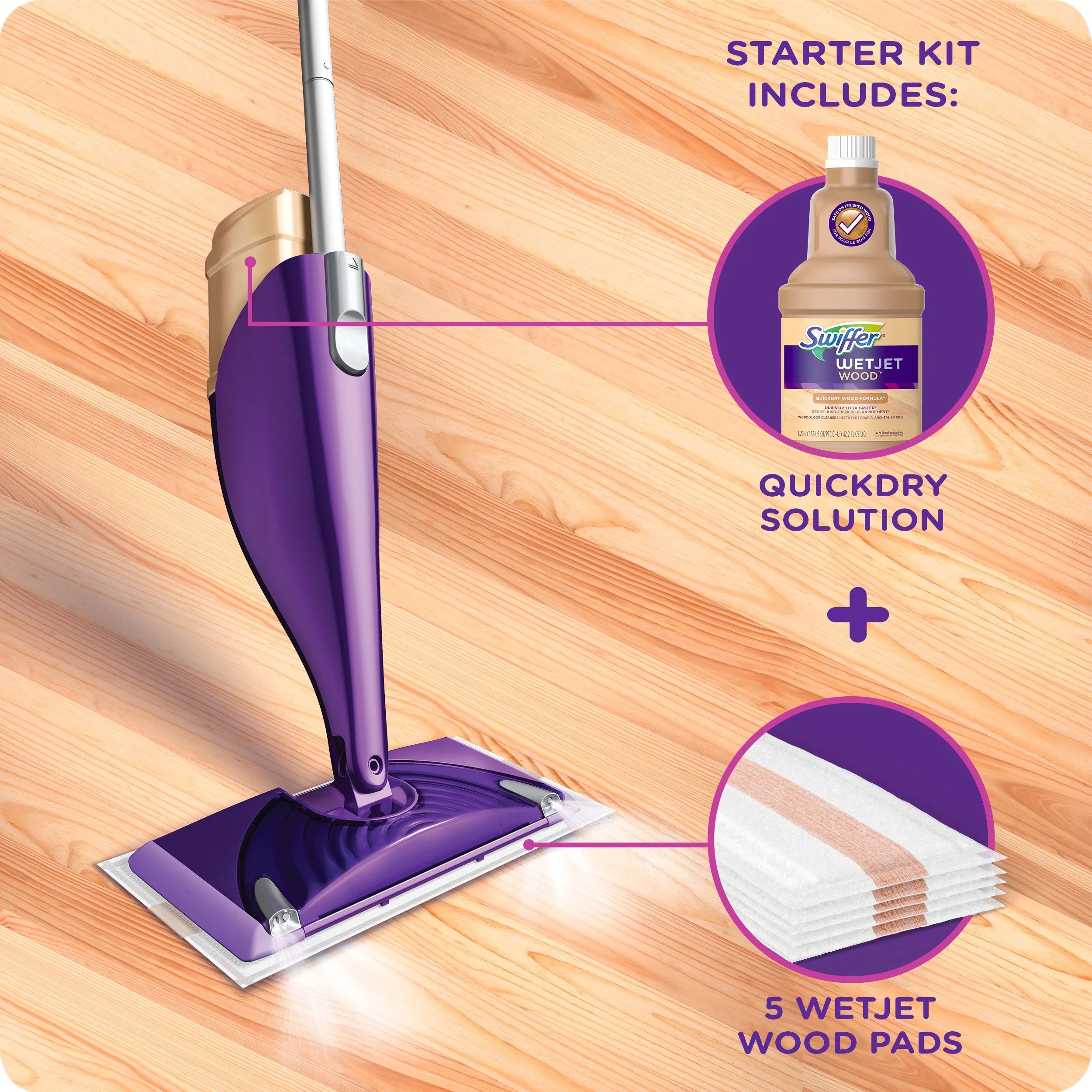 Wood Mop Starter Kit with Pads and Floor Cleaning Solution N447