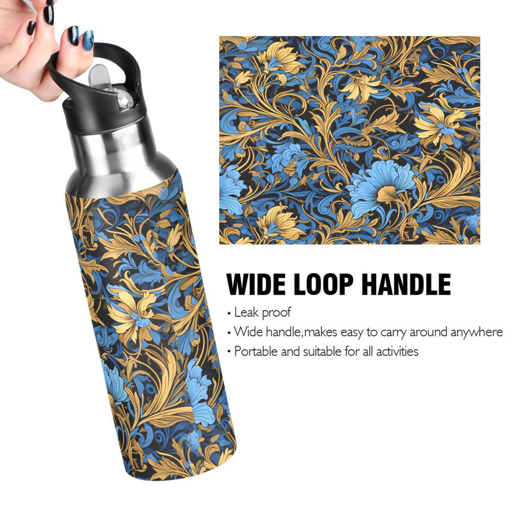 Blue Flowers Stainless Steel Insulated Water Bottle with Straw Lid K11494