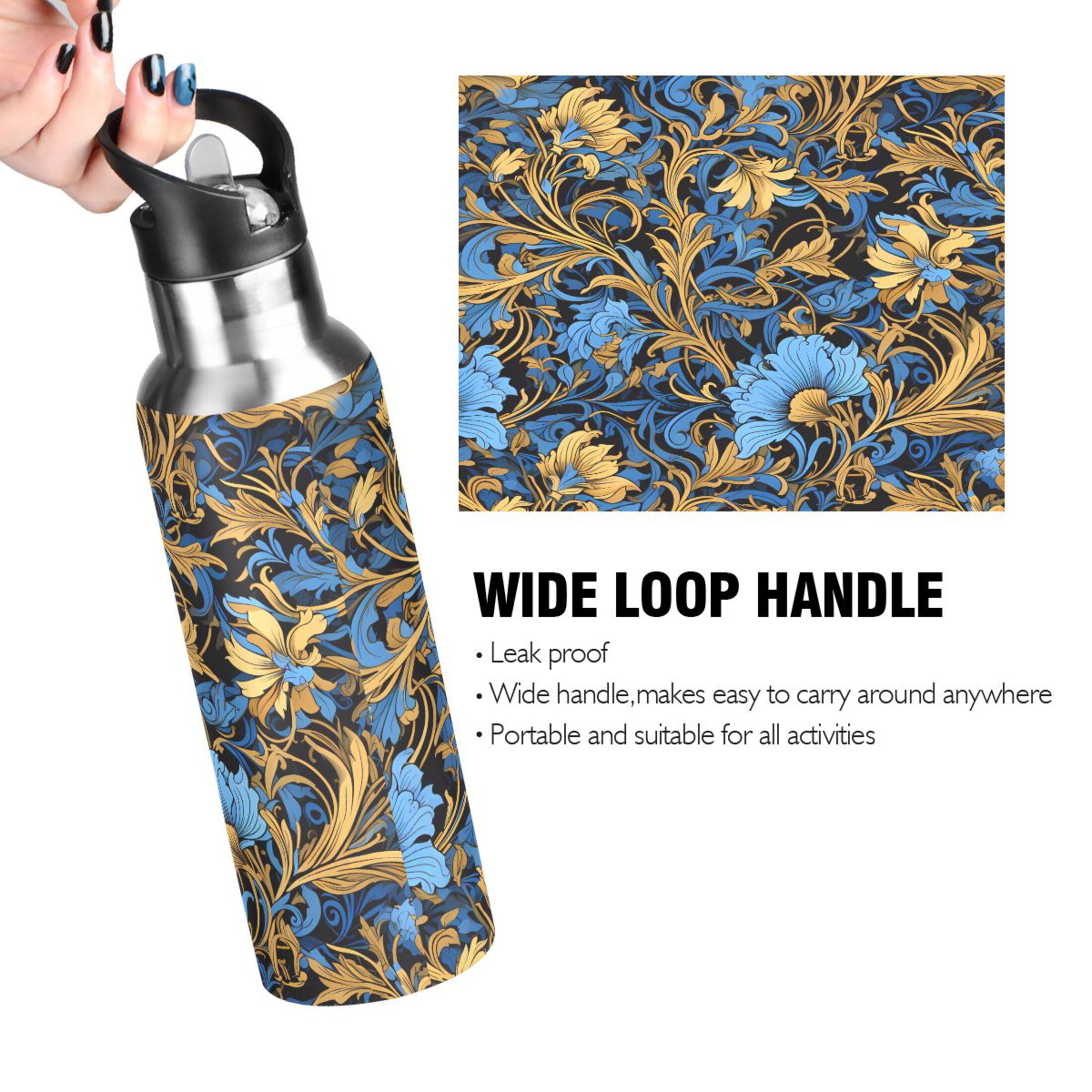 Blue Flowers Stainless Steel Insulated Water Bottle with Straw Lid K11494