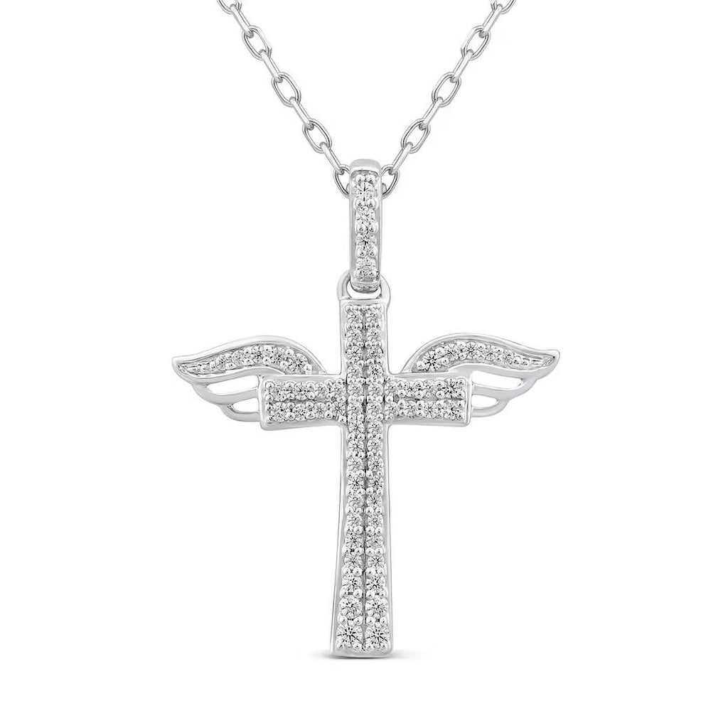 14K White Gold Holy Cross Necklace with Diamond Accents N5091