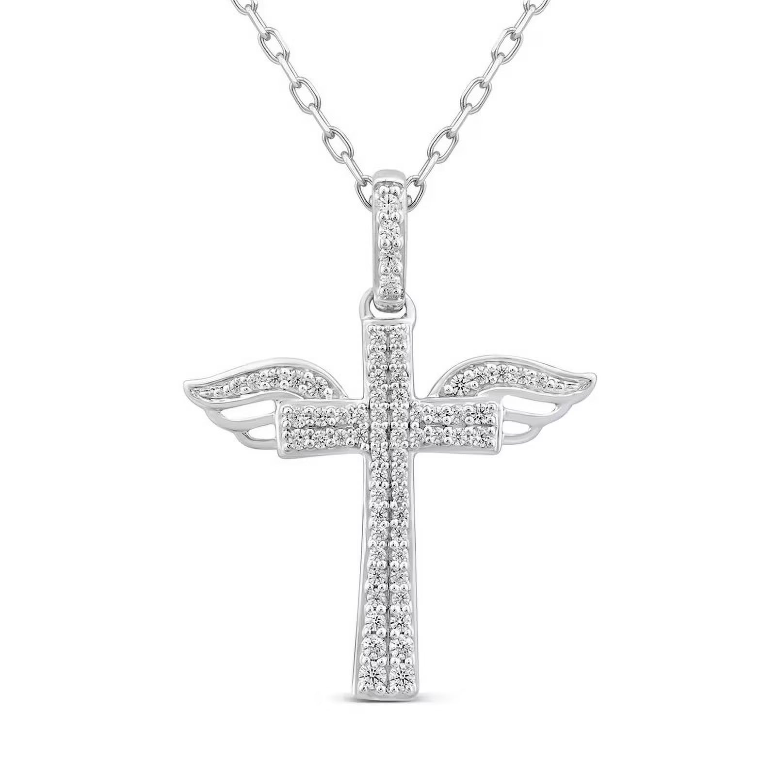 14K White Gold Holy Cross Necklace with Diamond Accents N5091