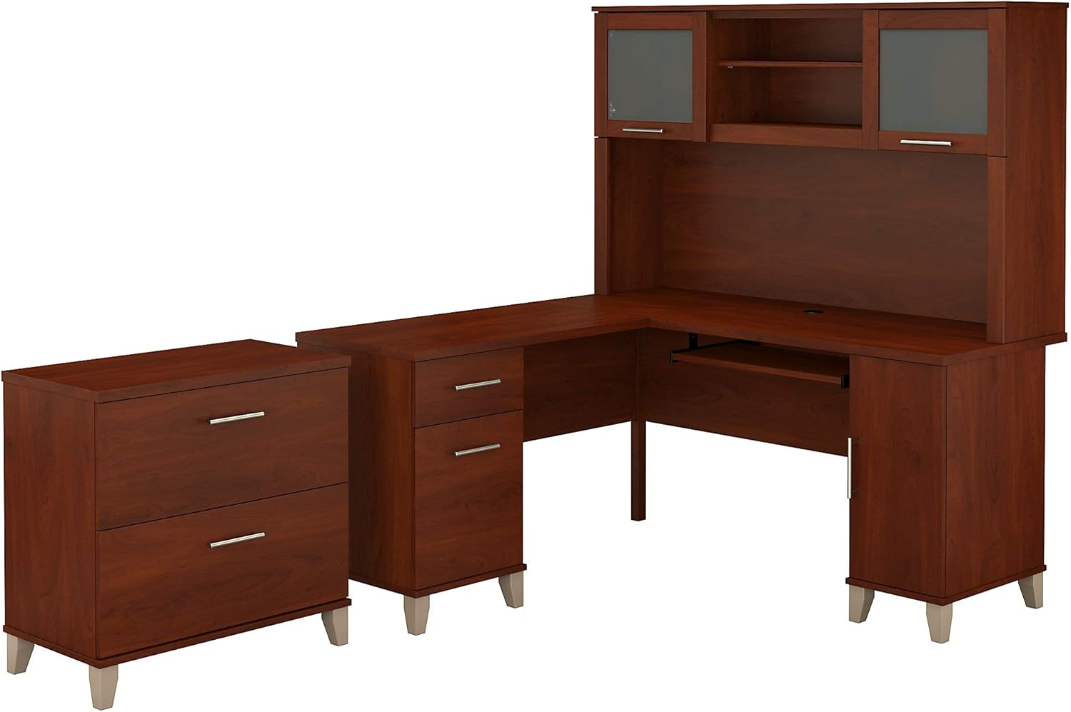 60W L Shaped Desk with Hutch and Lateral File Cabinet T375