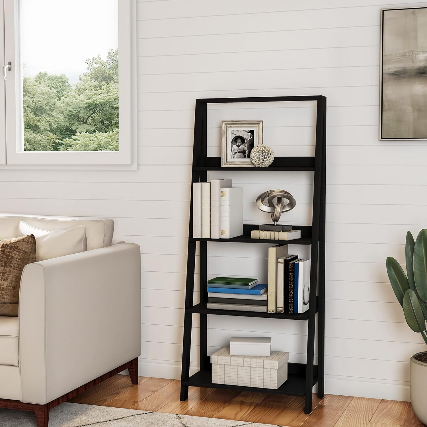 Black 4-Tier Wooden Ladder Bookshelf F6317