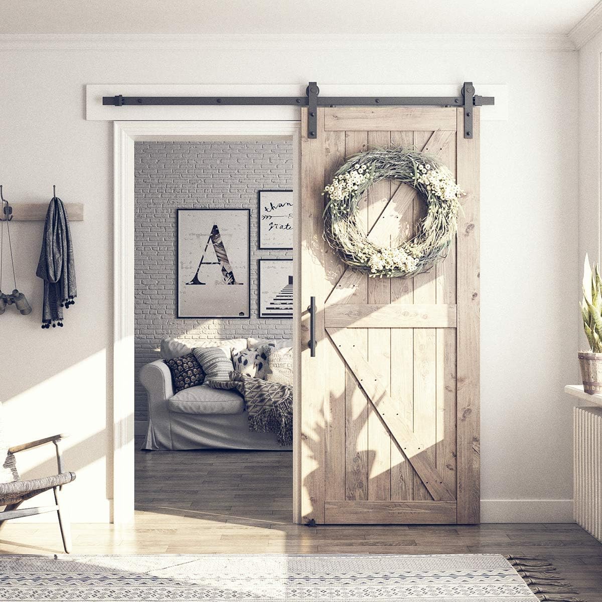 Sliding Barn Door Hardware Kit with 6.6ft Track Kit, Pull Handle Set, Floor Guide G126066
