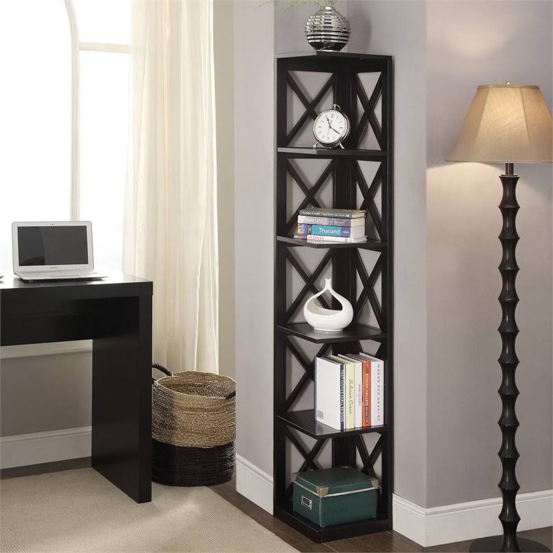 5 Shelf Corner Bookcase in Black Wood Finish T80301
