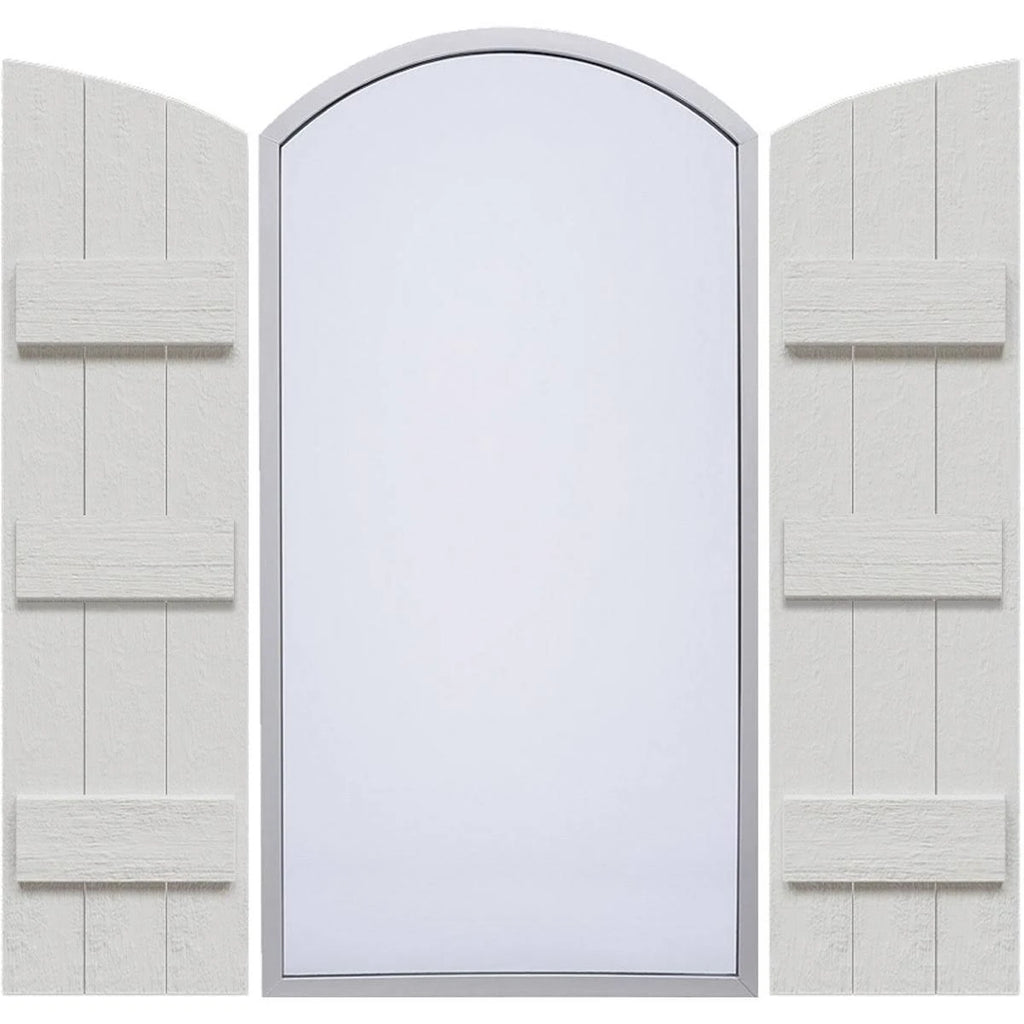 Rustic Three Board Joined Board-n-Batten Faux Wood Shutters w/Elliptical Arch Top D179