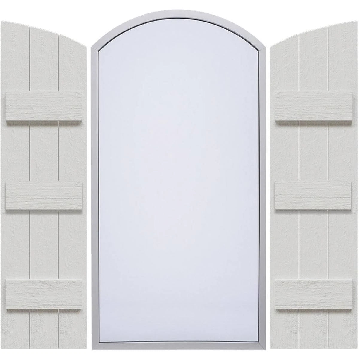 Rustic Three Board Joined Board-n-Batten Faux Wood Shutters w/Elliptical Arch Top D179