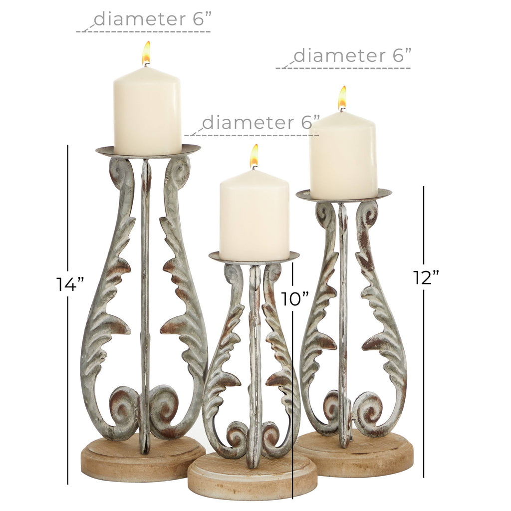 Distressed Silver Metal and Wood Set of 3 Candle Holders A63741