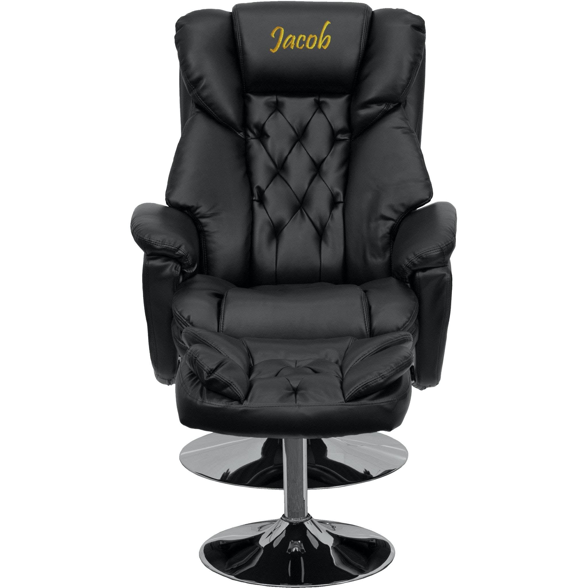 Black Leather Recliner and Ottoman with Chrome Base O34317
