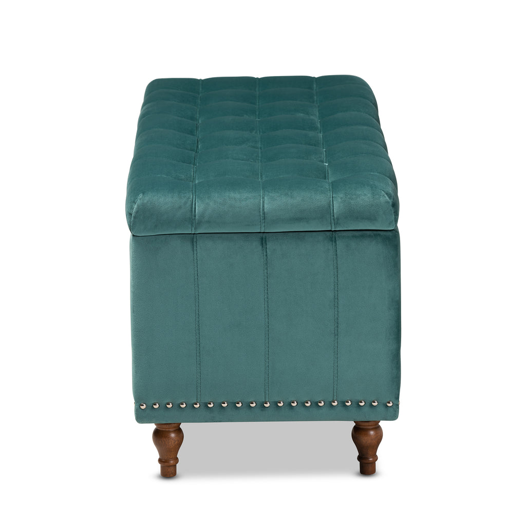 Teal Blue Velvet Button-Tufted Storage Ottoman Bench U5758
